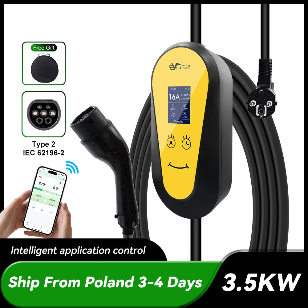Carregador EV Portátil IPENGEN 3.5kW 16A Tipo 2 | APP | Plugue Schuko | Cabo 3.5m | Monofásico