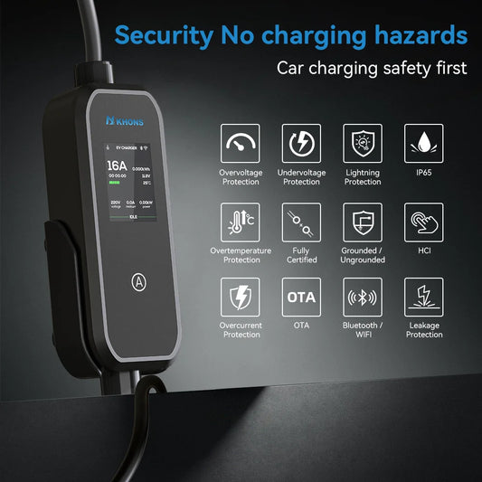 Carregador EV Portátil Khons 11kW 16A Trifásico Tipo 2 | Wi-Fi + Bluetooth + APP | IP65 | Cabo TPU 5m