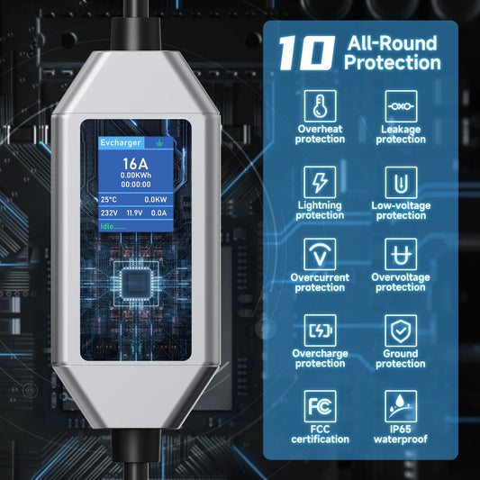 Carregador EV Portátil AFEEV 22kW 32A Trifásico Tipo 2 | Wi-Fi + Bluetooth + APP | IP66 | Cabo 5m | CEE
