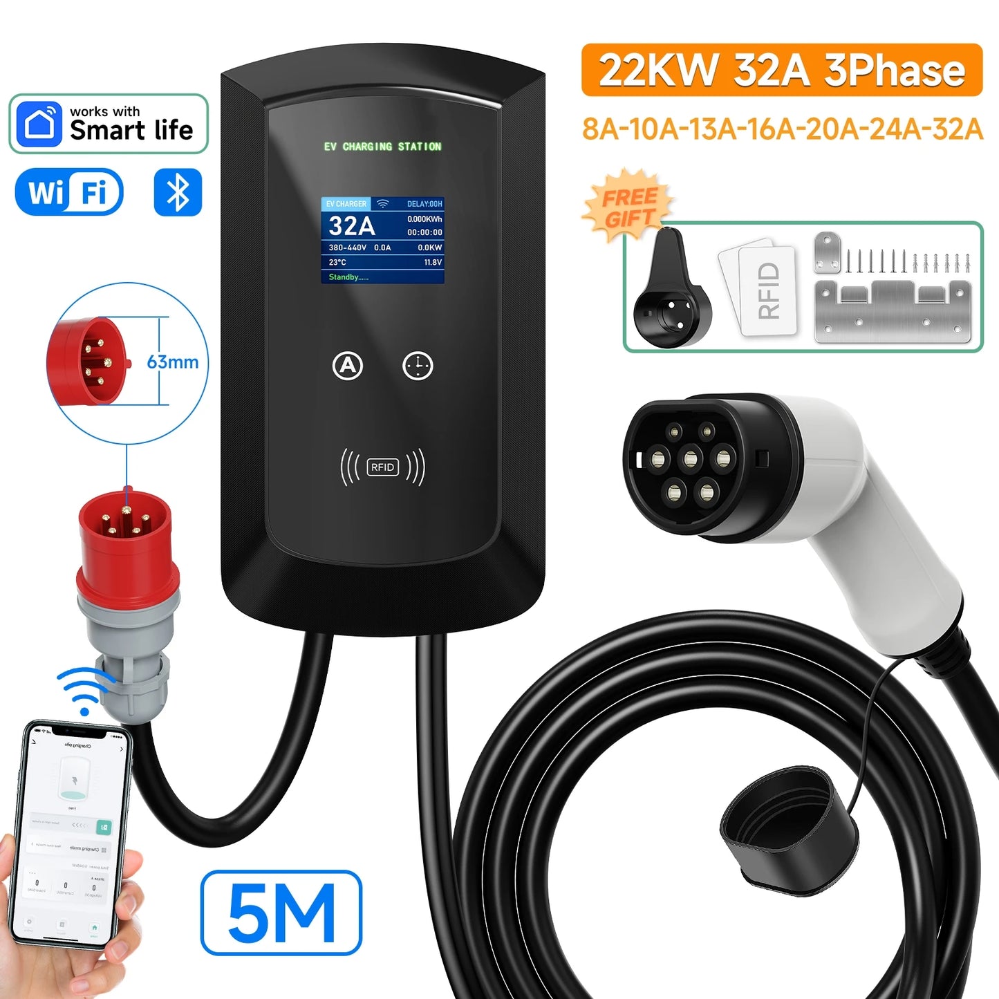 Wallbox JNTAFEV 7.6kW 32A / 11kW 16A / 22kW 32A | Type 2 | APP | 1 e 3 Fases