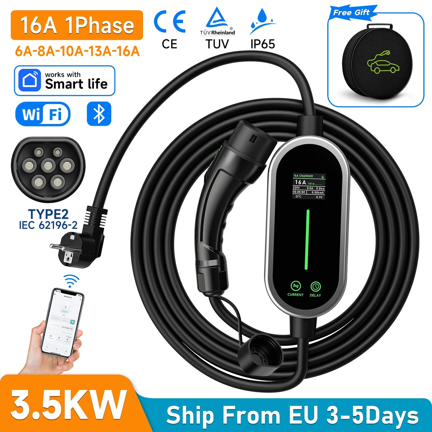 Carregador EV Portátil AFEEV 3.5kW 16A Tipo 2 | Wi-Fi + Bluetooth + APP | IP66 | Cabo 5m ou 10m