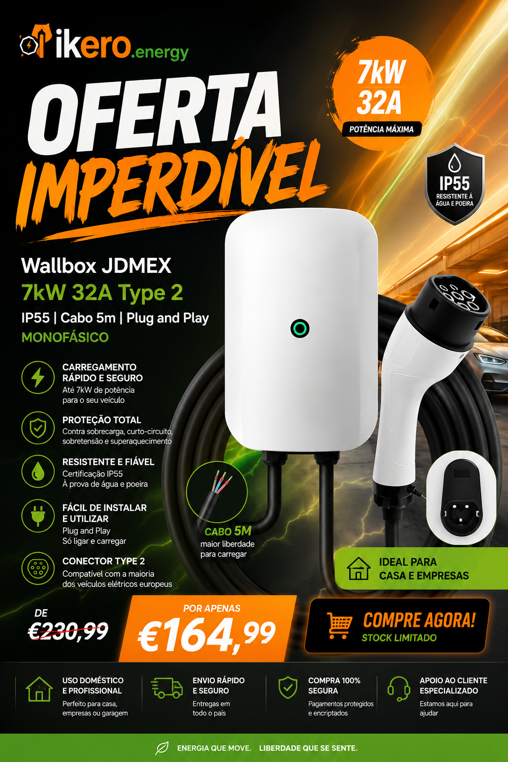 Wallbox JDMEX 7kW 32A Type 2 | IP55 | Cabo 5m | Plug and Play | Monofásico - IKERO.ENERGY