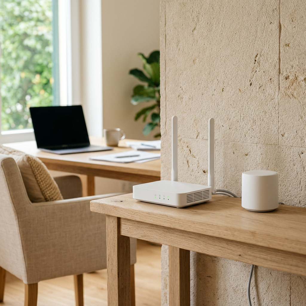 Imagem ilustrativa de um router Wi-Fi e um dispositivo mesh num escritório doméstico em tons neutros