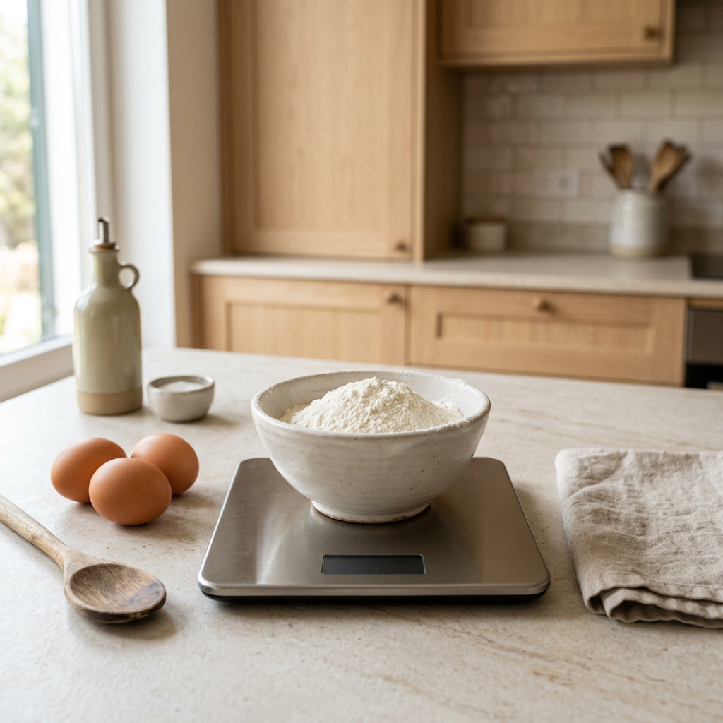 Imagem ilustrativa de uma balança digital de cozinha com uma taça de farinha numa bancada clara