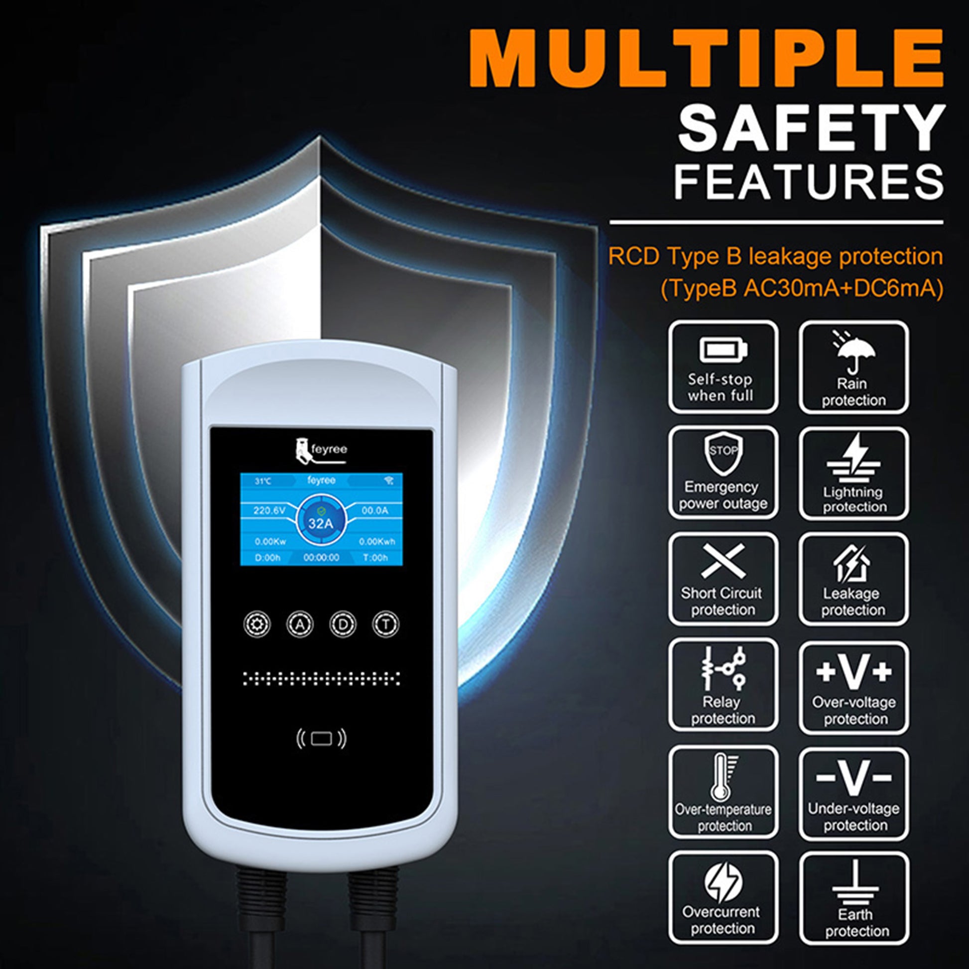 Wallbox Feyree 7.6kW 32A / 11kW 16A / 22kW 32A | Type 2 | DLB | Ecrã 4.3" | 1/3 Fases