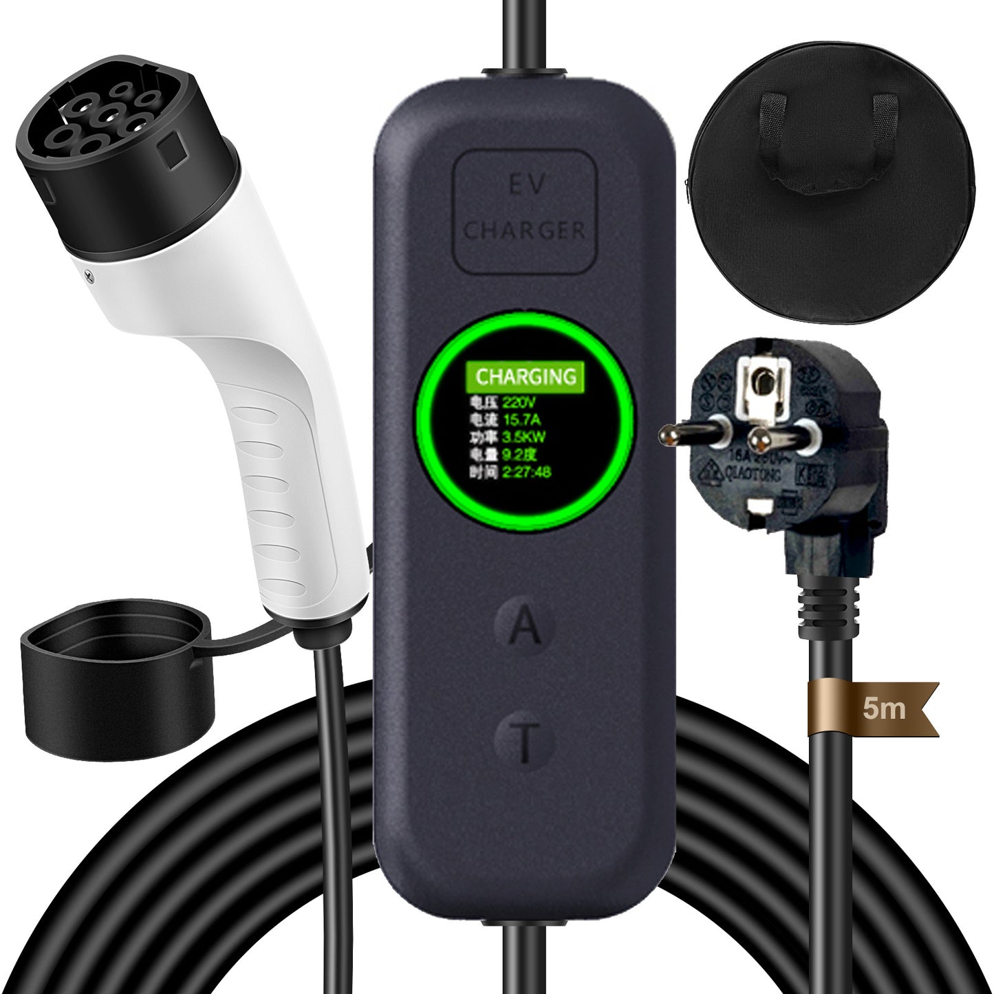 Carregador EV Portátil Podofo 3.5kW 16A Tipo 2 | Corrente Ajustável | IP65 | Cabo 5m | Schuko