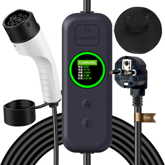 Carregador EV Portátil Podofo 3.5kW 16A Tipo 2 | Corrente Ajustável | IP65 | Cabo 5m | Schuko