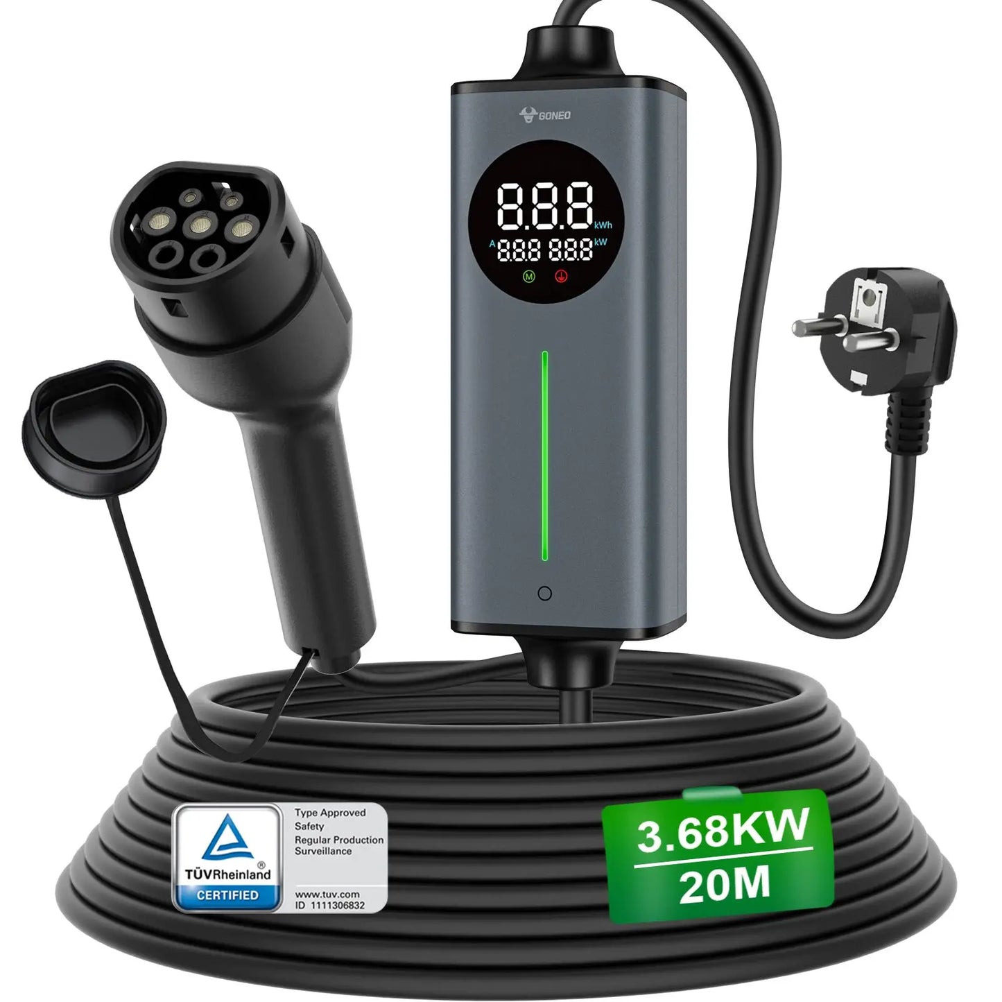 Carregador EV Portátil GONEO 3.6kW 16A Type 2 — Plugue Schuko | Cabo 5 a 20 Metros