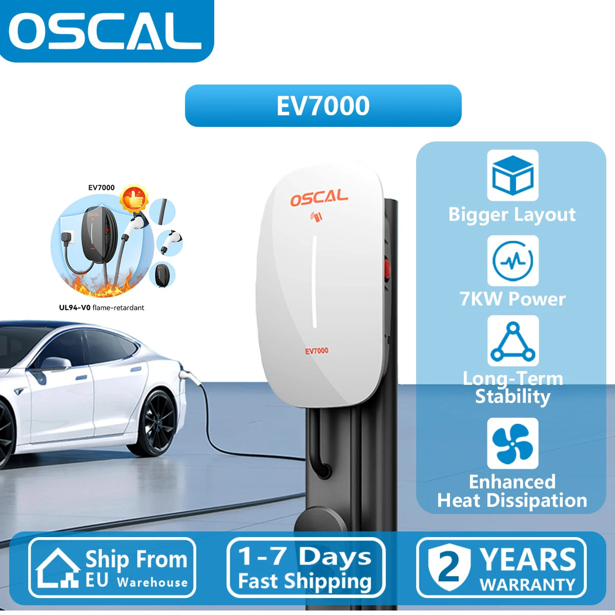Wallbox EV7000 7kW 32A Type 2 | RFID + APP | Nível 2 | Instalação em Parede