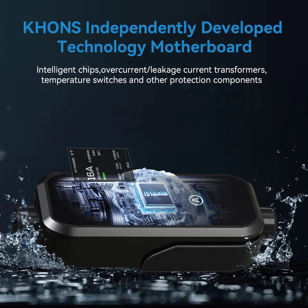 Carregador EV Portátil Khons 3.5kW 16A Tipo 2 | Bluetooth + APP | IP65 | Cabo TPU 5m | Schuko