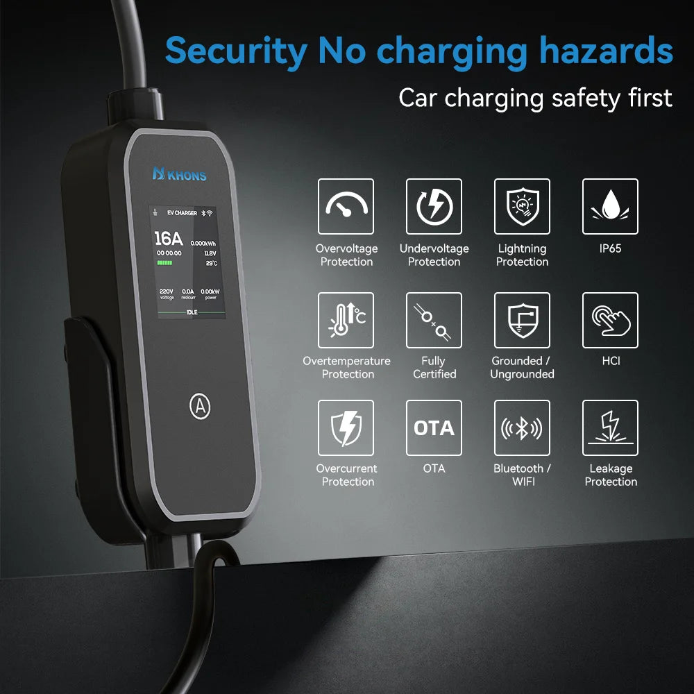 Carregador EV Portátil Khons 11kW 16A Trifásico Tipo 2 | Wi-Fi + Bluetooth + APP | IP65 | Cabo TPU 5m