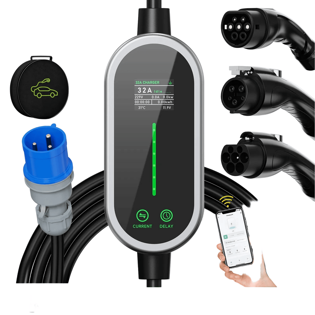 Carregador EV Portátil 7kW 32A Type 2 — Wi-Fi & App | Corrente Ajustável - IKERO.ENERGY