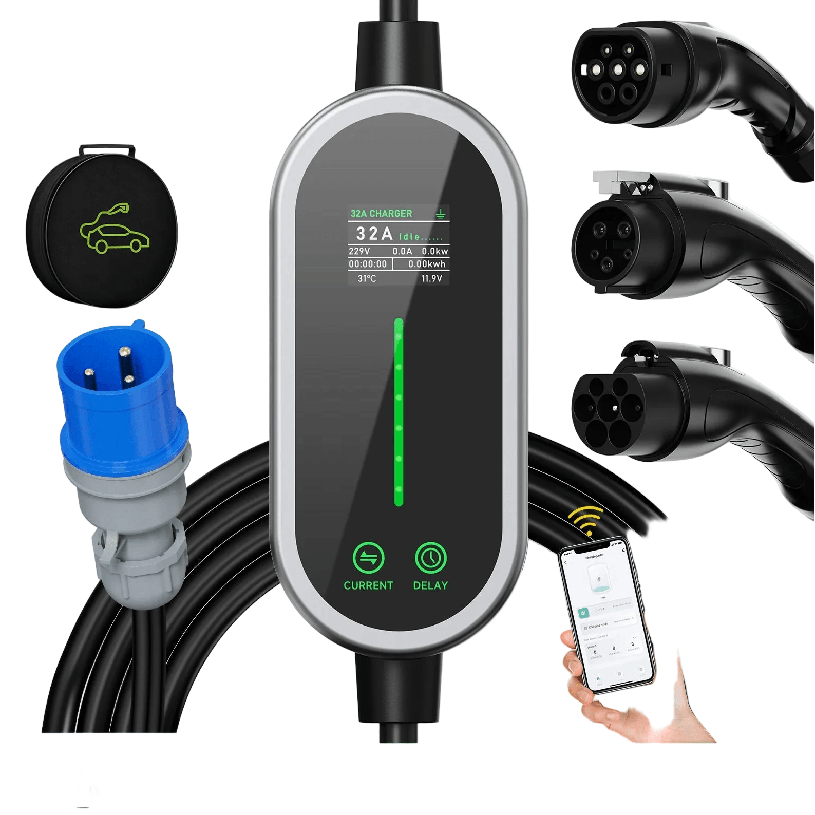 Carregador EV Portátil 7kW 32A Type 2 — Wi - Fi & App | Corrente Ajustável - IKERO.ENERGY