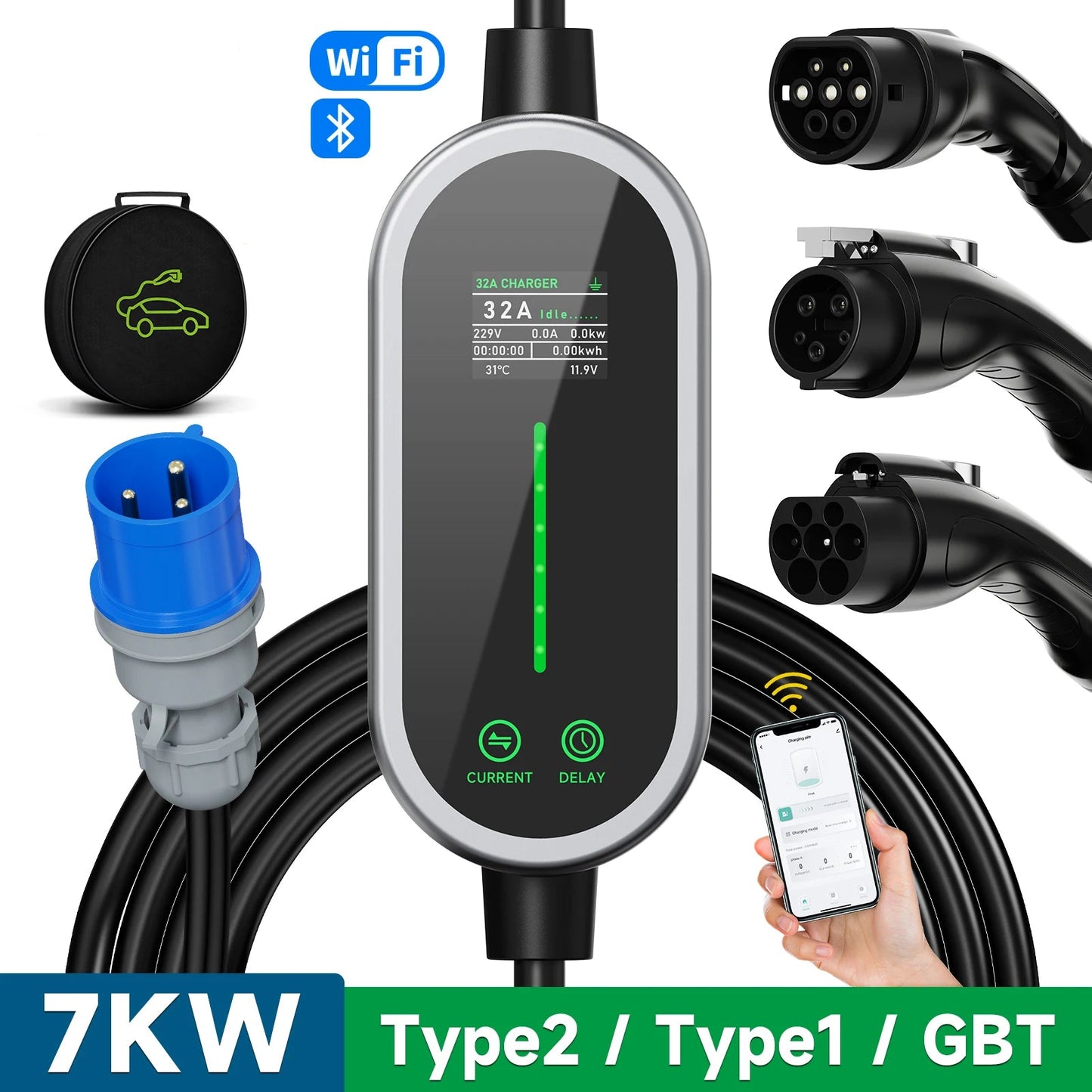 Carregador EV Portátil 7kW 32A Type 2 — Wi - Fi & App | Corrente Ajustável - IKERO.ENERGY
