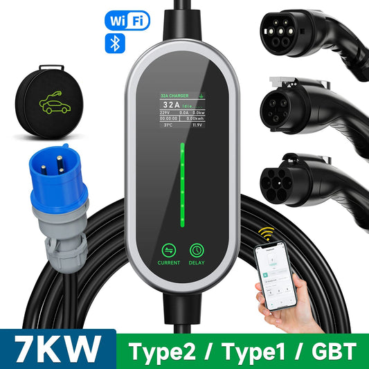 Carregador EV Portátil 7kW 32A Type 2 — Wi - Fi & App | Corrente Ajustável - IKERO.ENERGY
