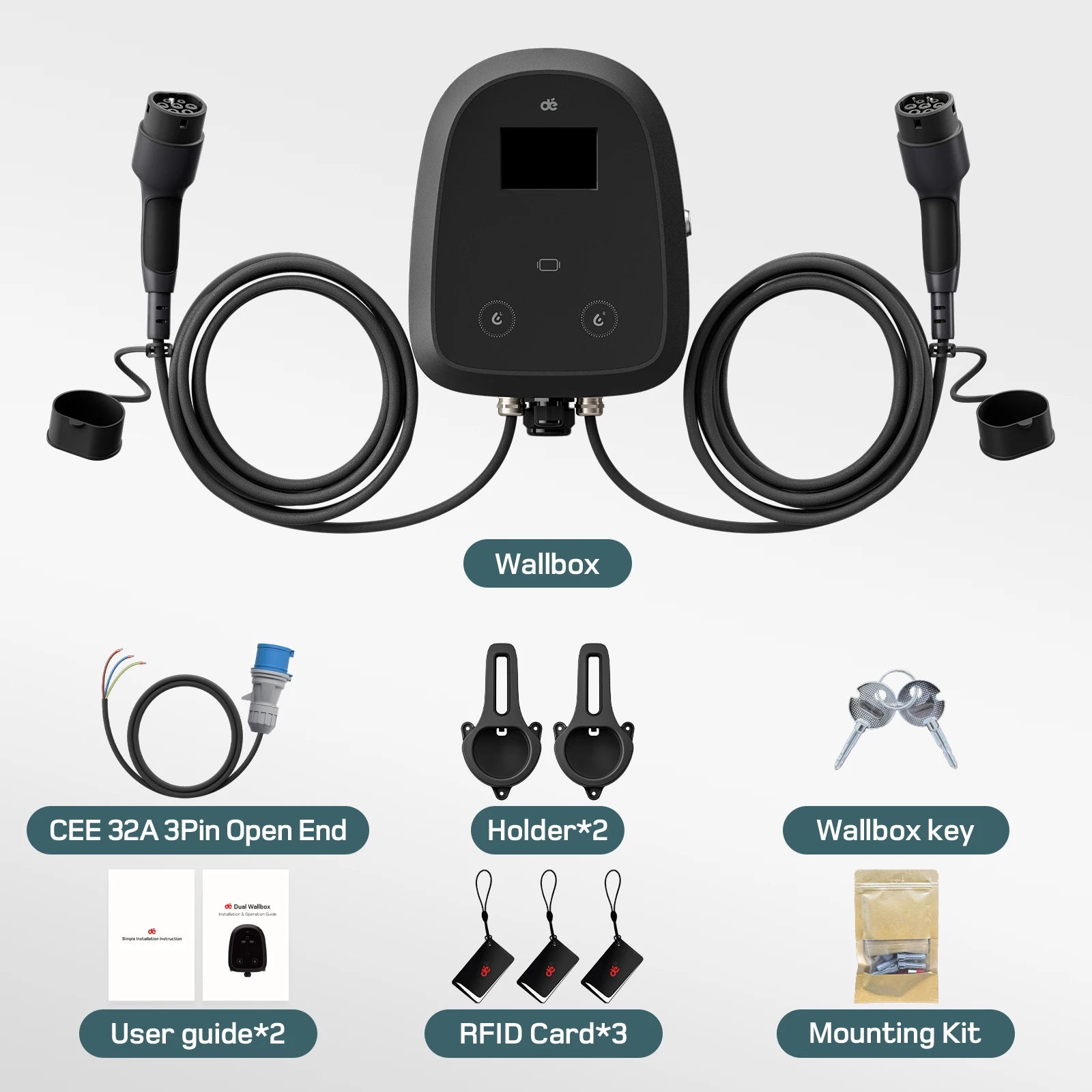 Wallbox Dual 2x7kW 32A Tipo 2 | DLB + OCPP 1.6J | Ecrã LCD 4.3" | RFID + APP | IP54 | 2 Cabos