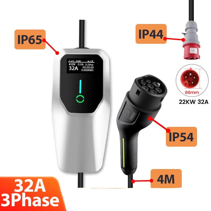 Carregador EV Portátil EBOX 22kW Trifásico Type 2 - Ajustável 6A - 32A - IKERO.ENERGY