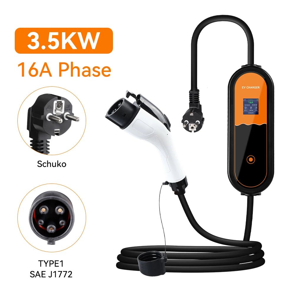 Carregador EV Portátil 3.5kW 16A — Type 1 / Type 2 / GBT | Corrente Ajustável - IKERO.ENERGY
