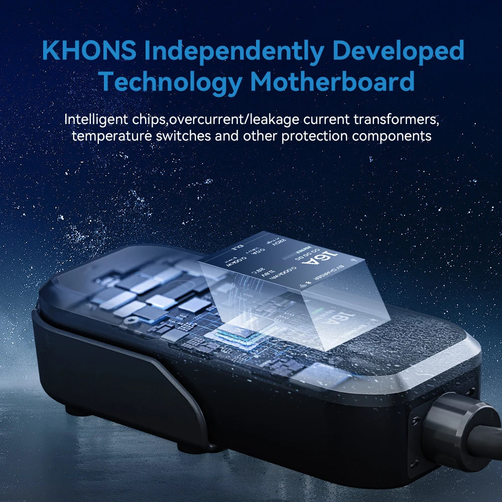 Carregador EV Portátil Khons 11kW 16A Trifásico Tipo 2 | Wi-Fi + Bluetooth + APP | IP65 | Cabo TPU 5m