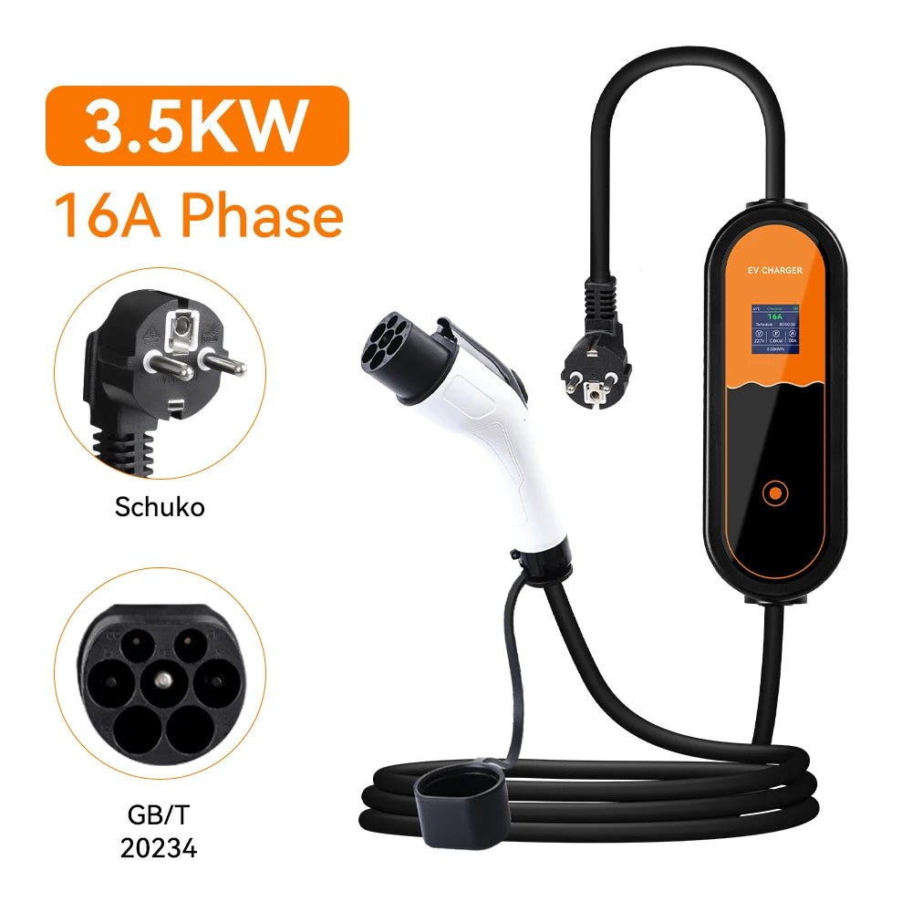 Carregador EV Portátil 3.5kW 16A — Type 1 / Type 2 / GBT | Corrente Ajustável - IKERO.ENERGY