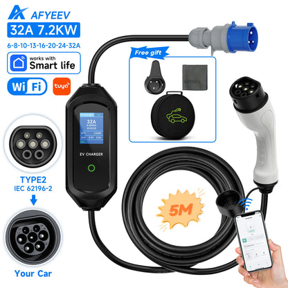 Carregador EV Portátil  Type 2 —  3.6kW / 7.2kW / 11kW / 22kW | Wi-Fi & App