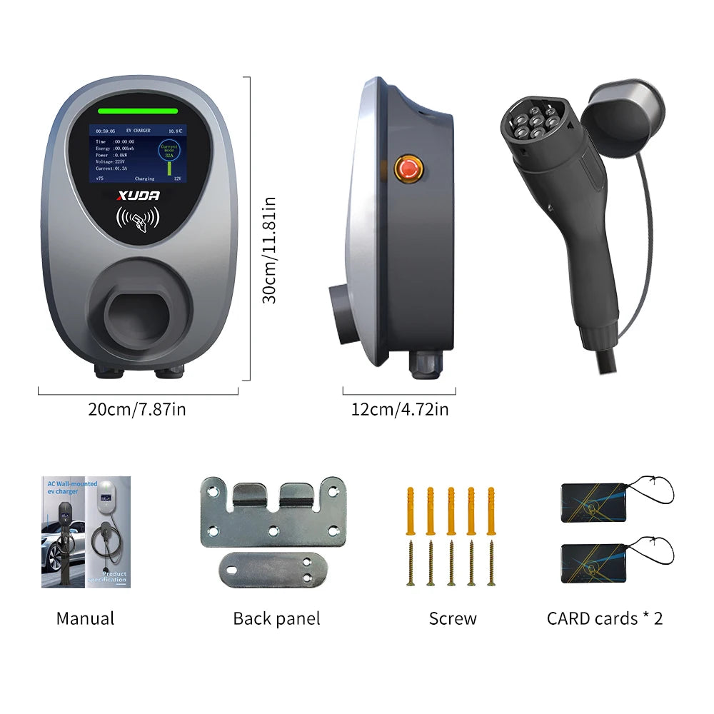 Wallbox XUDA 7.6kW / 22kW Type 2 | Wi-Fi + APP + RFID | IP65 | Cabo 5m