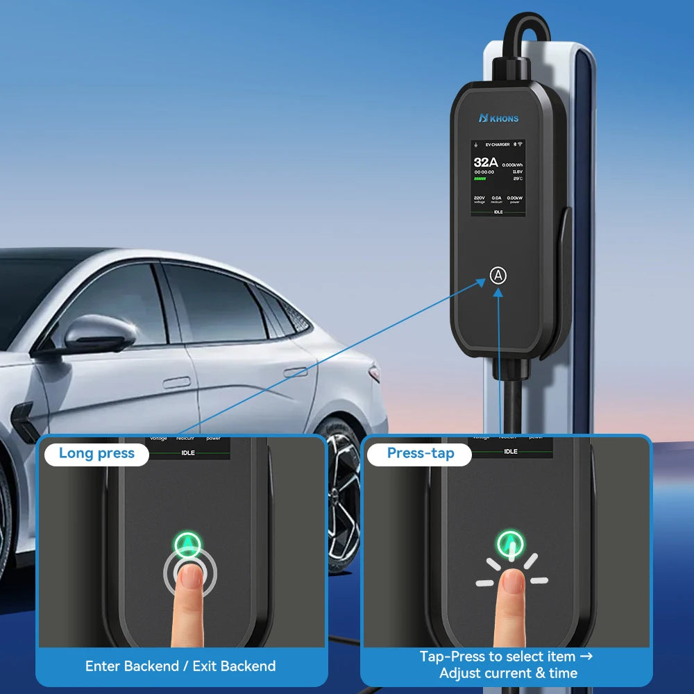 Carregador EV Portátil Khons 7kW 32A Tipo 2 | Wi-Fi + Bluetooth + APP | IP65 | Cabo TPU 5m