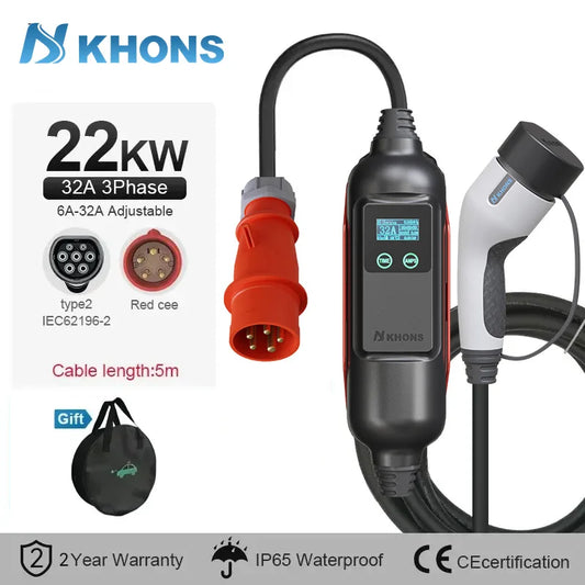 Carregador EV Portátil Khons 22kW 32A Trifásico Type 2 — Wi-Fi & App