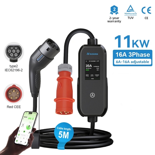 Carregador EV Portátil Khons 11kW 16A Trifásico Tipo 2 | Wi-Fi + Bluetooth + APP | IP65 | Cabo TPU 5m