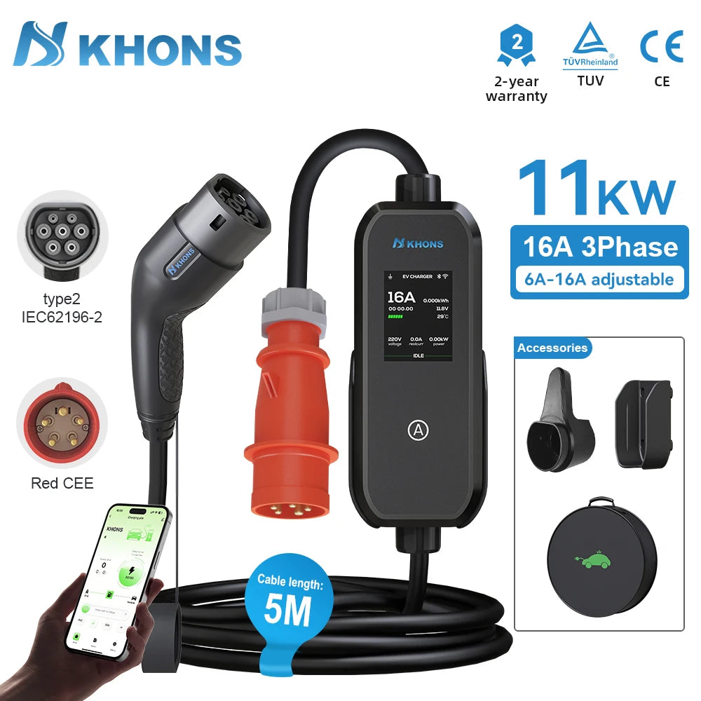 Carregador EV Portátil Khons 11kW 16A Trifásico Tipo 2 | Wi-Fi + Bluetooth + APP | IP65 | Cabo TPU 5m