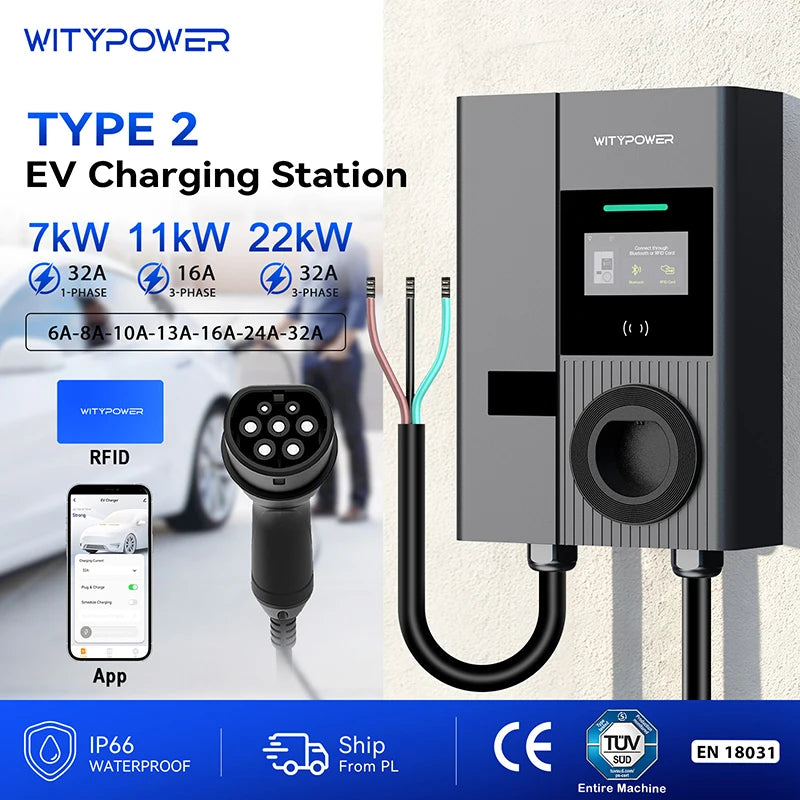 Wallbox WityPower 7 / 11 / 22kW Type 2 | Wi-Fi + APP | IP66 | Corrente Ajustável | TUV/CE