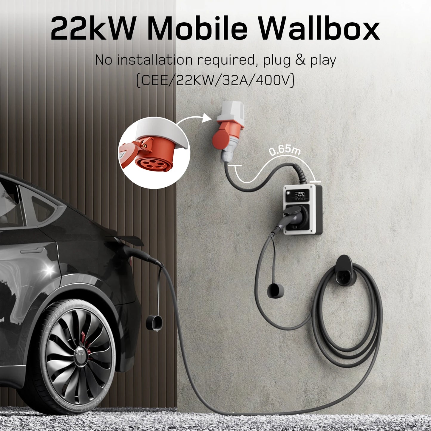Wallbox Móvel 22kW 32A Trifásico Tipo 2 | CEE Vermelho | RFID + APP | IP65 | Plug and Play