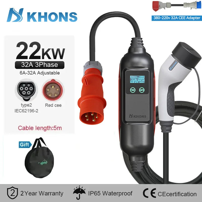 Carregador EV Portátil Khons 22kW 32A Trifásico Type 2 — Wi-Fi & App - IKERO.ENERGY