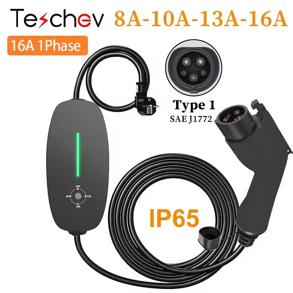 Carregador EV Portátil Teschev 3.5kW 16A | Tipo 2 ou Tipo 1 | IP55 | Cabo 3.5m | Monofásico