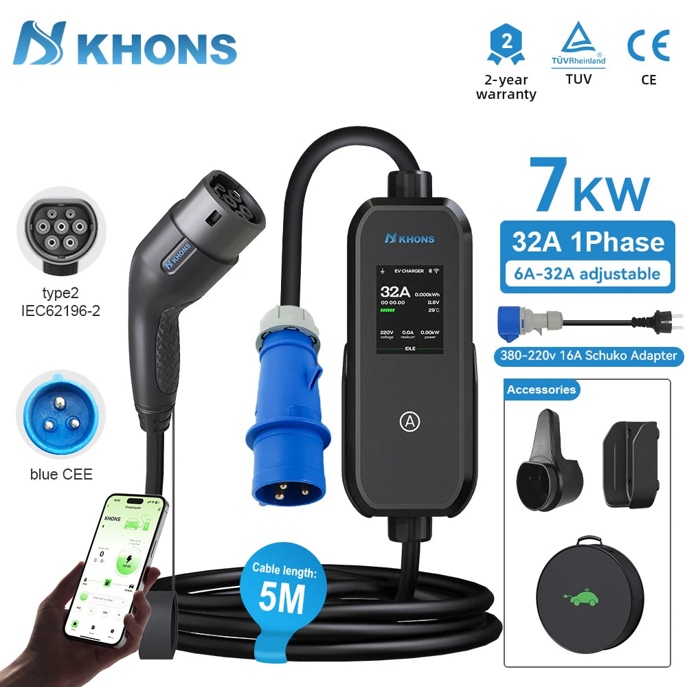 Carregador EV Portátil Khons 7kW 32A Tipo 2 | Wi-Fi + Bluetooth + APP | IP65 | Cabo TPU 5m