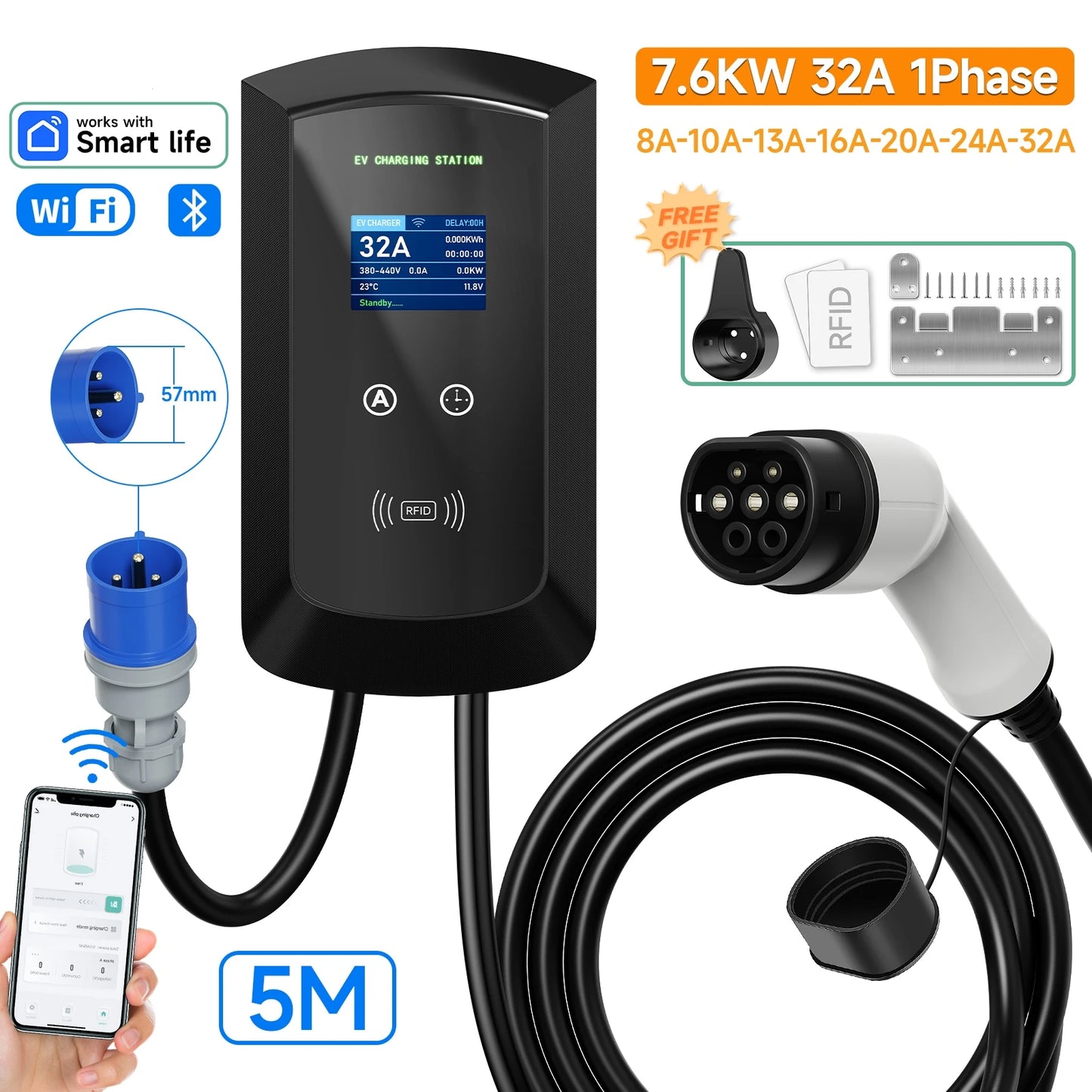 Wallbox JNTAFEV 7.6kW 32A / 11kW 16A / 22kW 32A | Type 2 | APP | 1 e 3 Fases