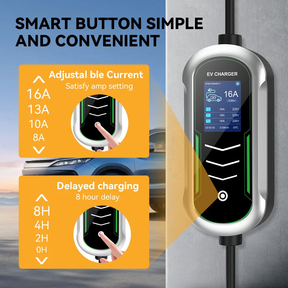 Carregador EV Portátil 11kW | Tipo 2 | Trifásico 16A | IP65 | Cabo 5m