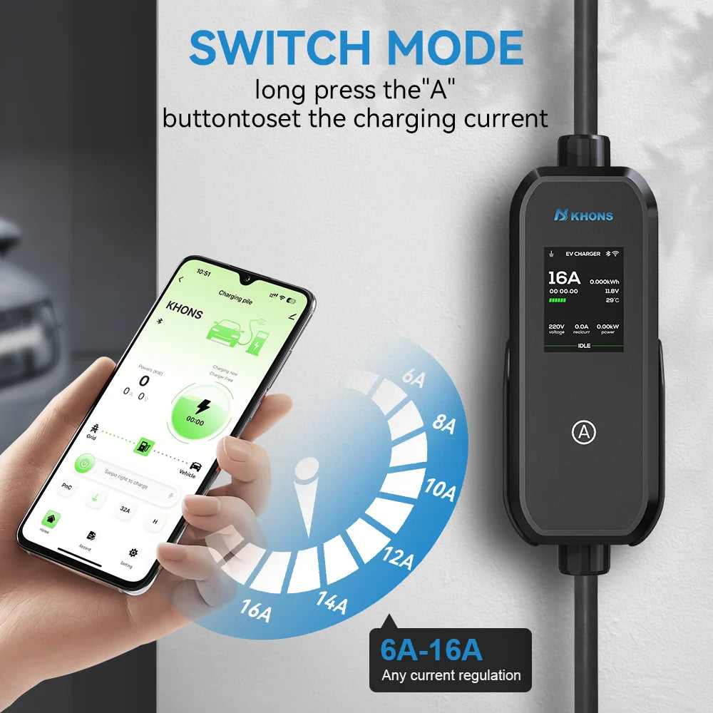 Carregador EV Portátil Khons 11kW 16A Trifásico Tipo 2 | Wi-Fi + Bluetooth + APP | IP65 | Cabo TPU 5m