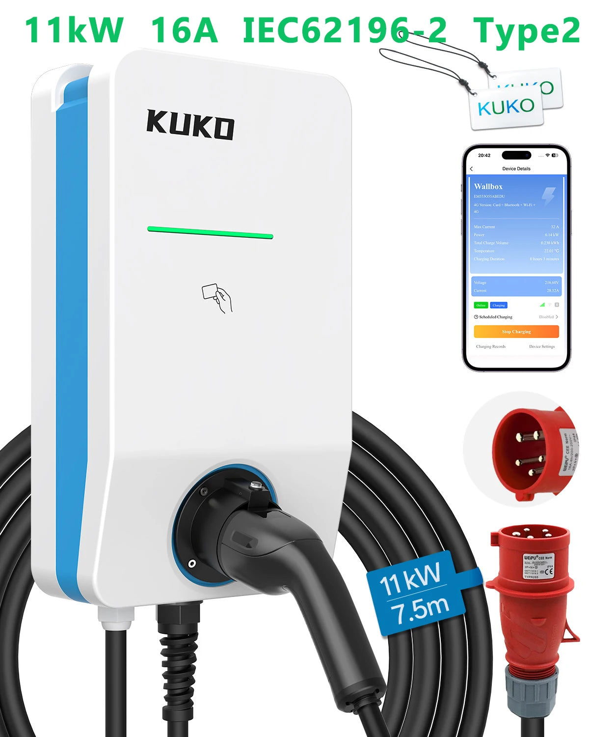 Wallbox KUKO 7 / 11 / 22kW Type 2 | Wi-Fi / 4G+Wi-Fi | Monofásico e Trifásico | APP