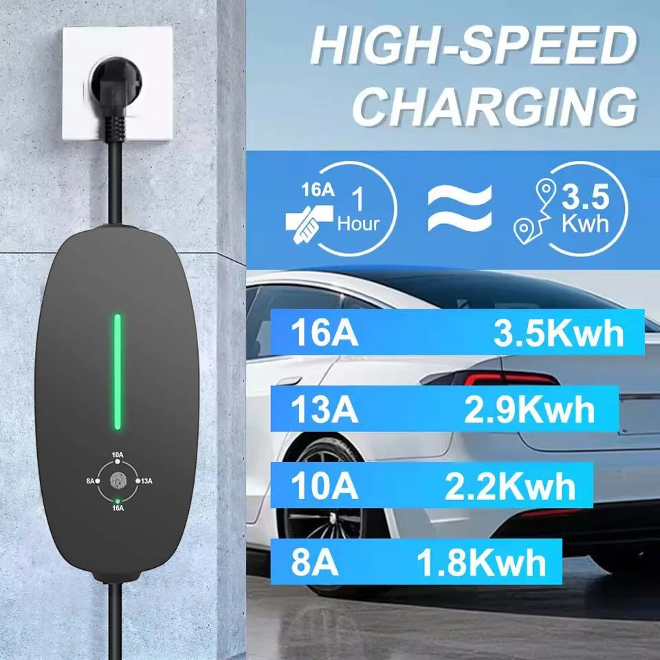 Carregador EV Portátil Teschev 3.5kW 16A | Tipo 2 ou Tipo 1 | IP55 | Cabo 3.5m | Monofásico