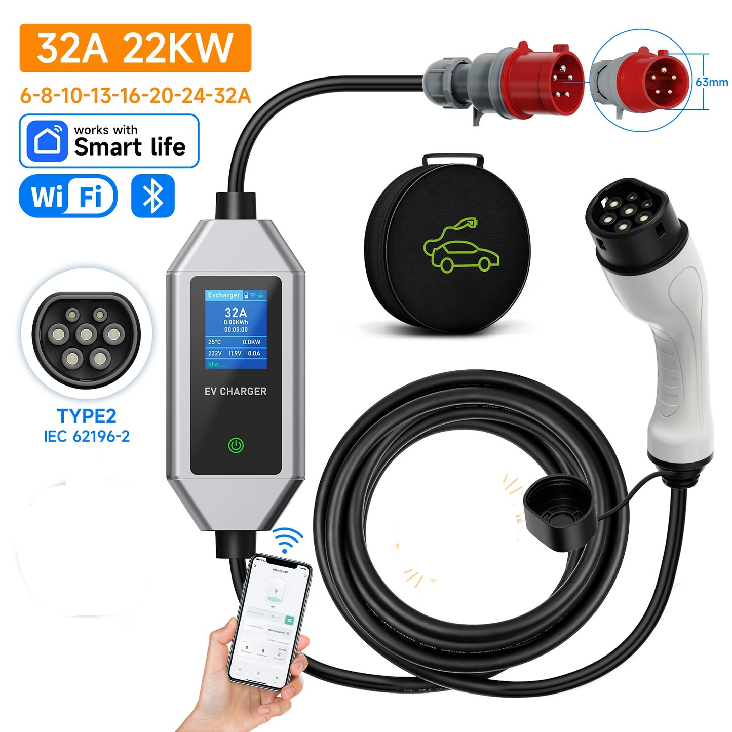 Carregador EV Portátil AFEEV 22kW 32A Trifásico Tipo 2 | Wi-Fi + Bluetooth + APP | IP66 | Cabo 5m | CEE