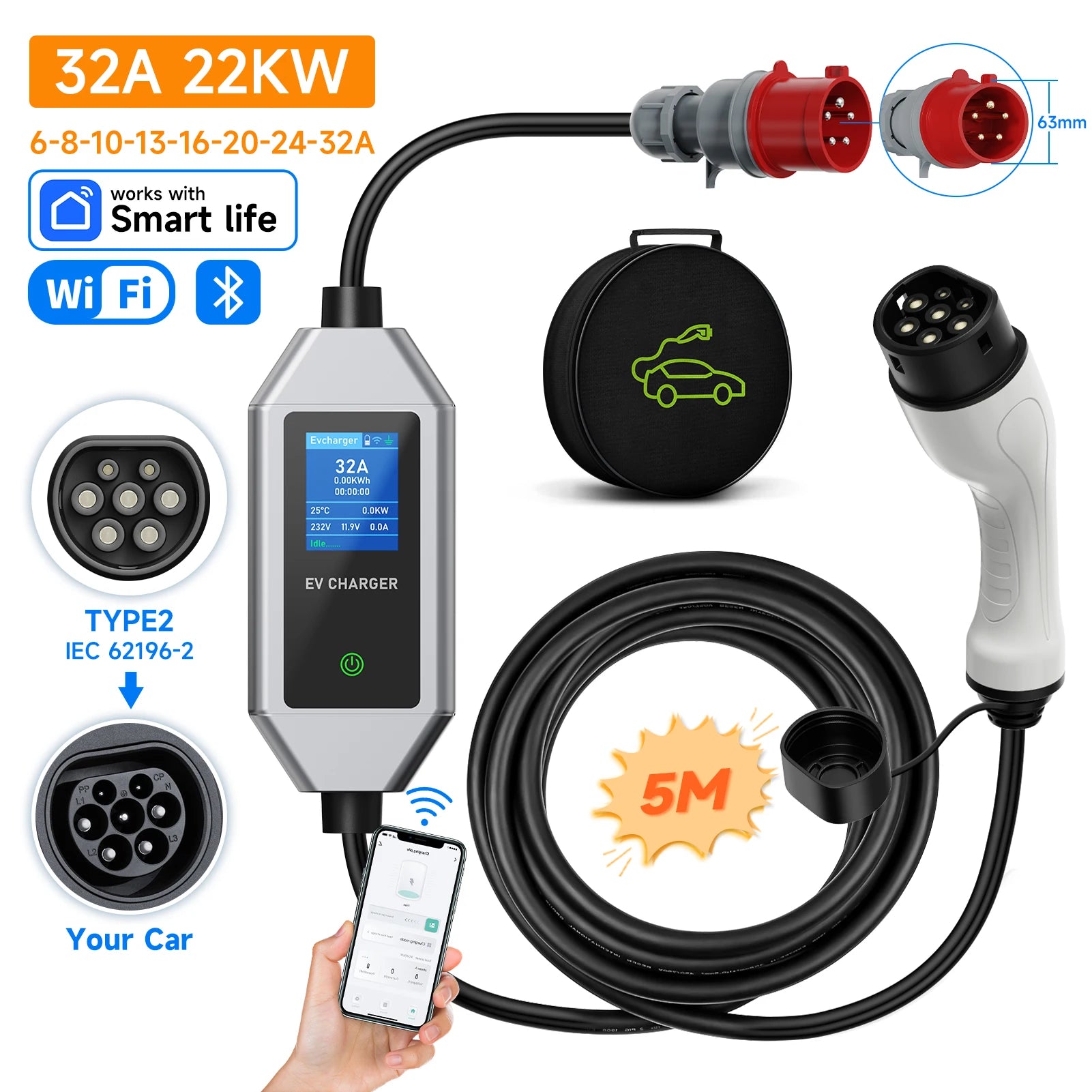 Carregador EV Portátil AFEEV 22kW 32A Trifásico Tipo 2 | Wi-Fi + Bluetooth + APP | IP66 | Cabo 5m | CEE