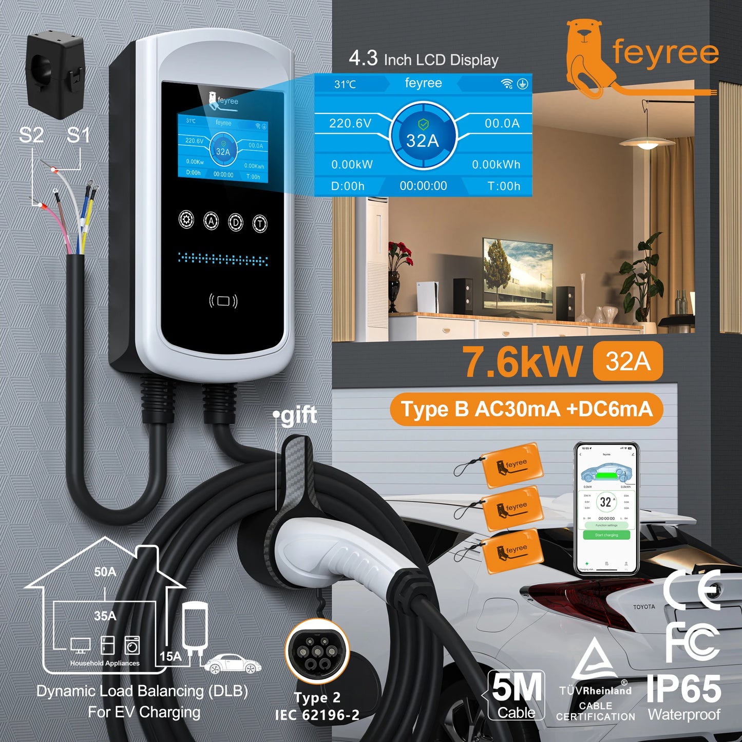 Wallbox Feyree 7.6kW 32A / 11kW 16A / 22kW 32A | Type 2 | DLB | Ecrã 4.3" | 1/3 Fases