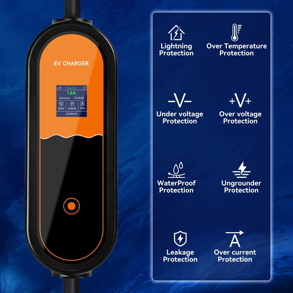 Carregador EV Portátil 3.5kW 16A — Type 1 / Type 2 / GBT | Corrente Ajustável - IKERO.ENERGY