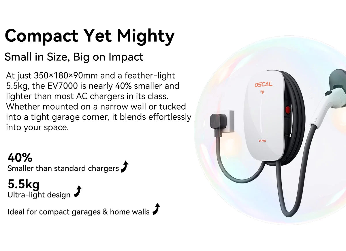 Wallbox EV7000 7kW 32A Type 2 | RFID + APP | Nível 2 | Instalação em Parede