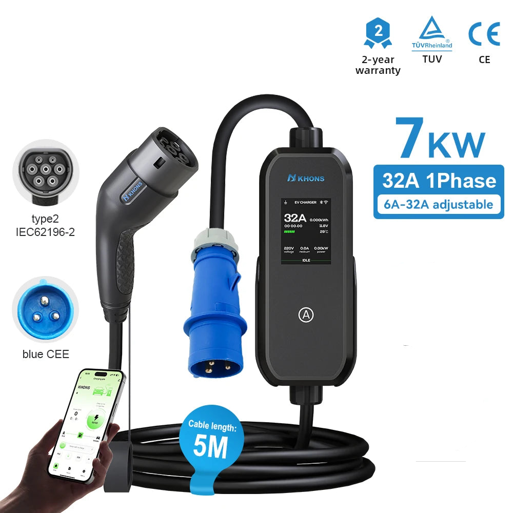 Carregador EV Portátil Khons 7kW 32A Tipo 2 | Wi-Fi + Bluetooth + APP | IP65 | Cabo TPU 5m