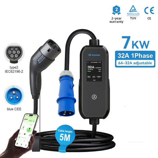 Carregador EV Portátil Khons 7kW 32A Tipo 2 | Wi-Fi + Bluetooth + APP | IP65 | Cabo TPU 5m