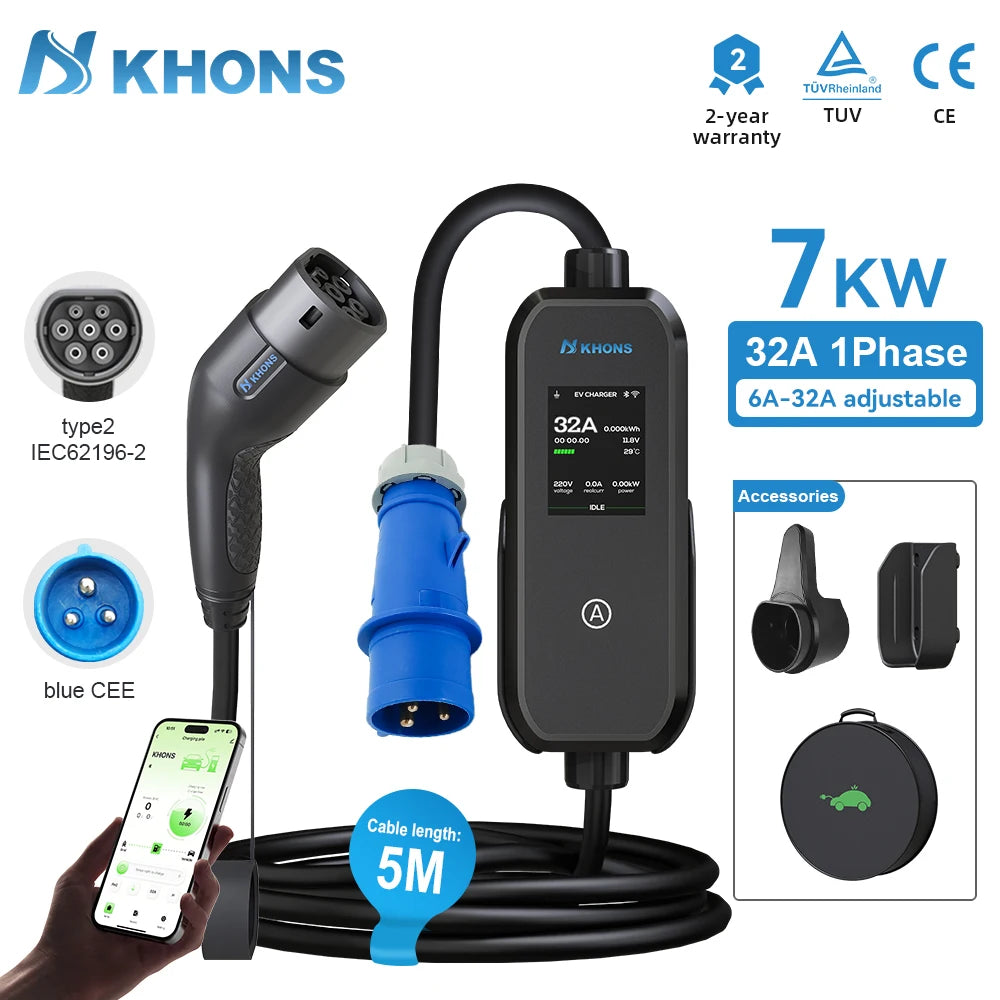 Carregador EV Portátil Khons 7kW 32A Tipo 2 | Wi-Fi + Bluetooth + APP | IP65 | Cabo TPU 5m