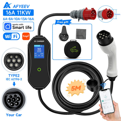Carregador EV Portátil  Type 2 —  3.6kW / 7.2kW / 11kW / 22kW | Wi-Fi & App