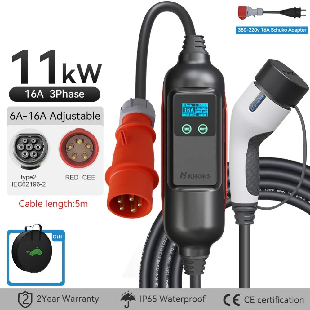 Carregador EV Portátil Khons 11kW 16A Trifásico Type 2